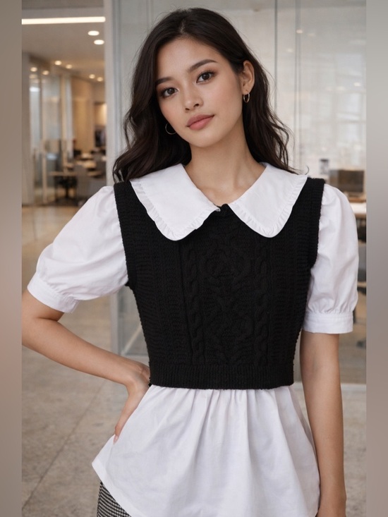 Anthropologie Tops - Anthropologie Maeve Black Knit Cropped Vest Twofer Peter Pan Collar White Blouse
